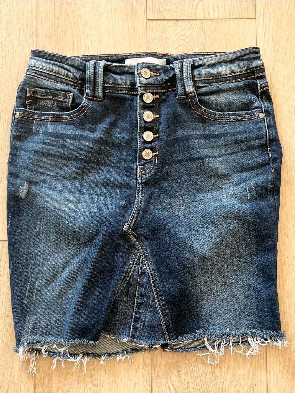 KanCan Denim Above The Knee Denim Skirt Stretch A Line Button Up SZ 11/29